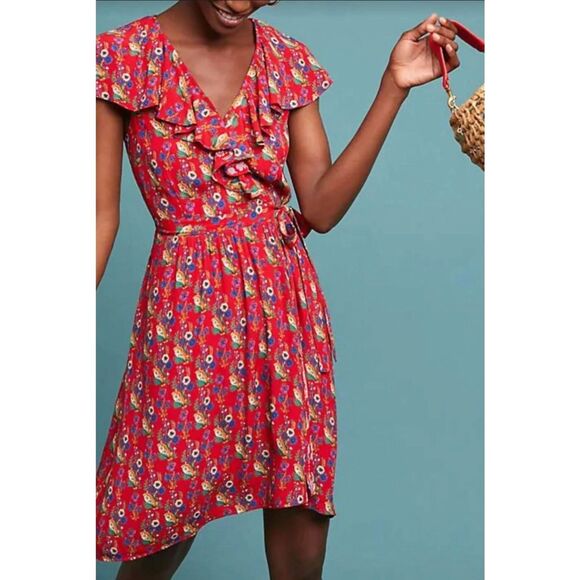 Anthropologie Maeve Rosalia Wrap Dress Size 12 Red Ruffled Floral NEW W Tags - Picture 1 of 16